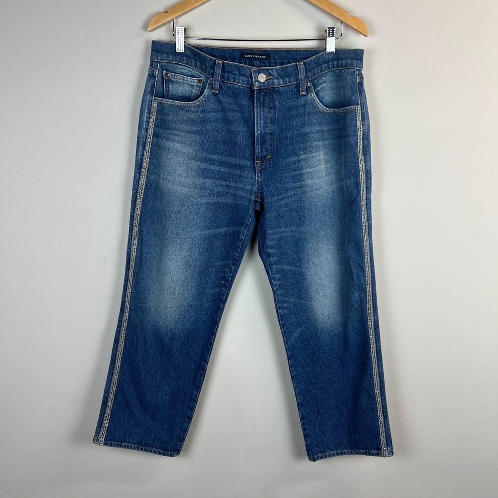 Lucky Brand Crop Jeans Women 12 31 Embellished Strip Mid Rise Authentic Straight